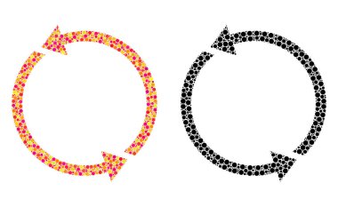 Piksel geri dönüşüm mozaik simgeler. Renkli ve siyah sürümleri vektör geri dönüşüm simgeler. Kolajlar rahat daire elemanları. Casual yuvarlak noktalardan inşa simgeler vektör kavramlarını geri dönüşüm.