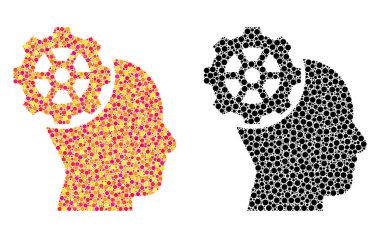 Piksel kafa dişli mozaik simgeler. Çok renkli ve siyah sürümleri vektör kafa dişli simgeler. Kolajlar rasgele sferik noktalar. Rastgele noktalar organize simgeler vektör kavramları kafa dişli.