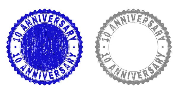 Textured 10 ANNIVERSARY Grunge Stamp Seals with Ribbon — Stock Vector