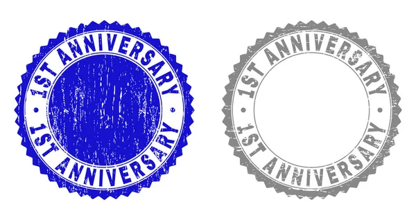 Textured 1ST ANNIVERSARY Scratched Stamps with Ribbon — Stock Vector