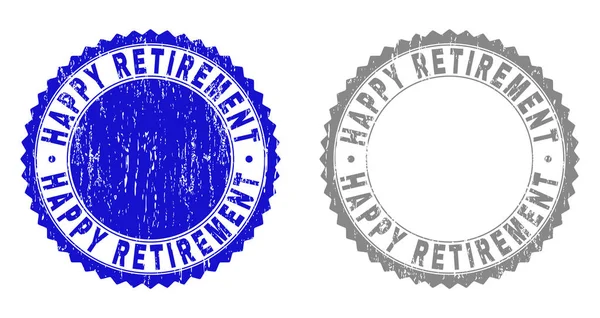 在白色背景查出的大快乐退休邮票封印 玫瑰密封与蓝色和灰色的粗糙纹理 — 图库矢量图片