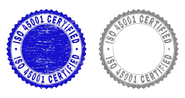 Grunge iso 45001 zertifizierte zerkratzte Briefmarken — Stockvektor
