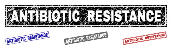 Grunge ANTIBIOTIC RESISTANCE Scratched Rectangle Stamps — Stock Vector