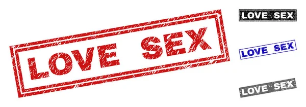 Grunge LOVE SEX Texturizado Rectángulo Sellos — Vector de stock