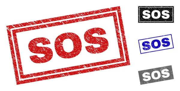 Grunge SOS Rectángulo rayado Sellos — Vector de stock