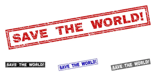 Grunge SAVE THE WORLD exclamación Rectángulo rayado sellos — Vector de stock