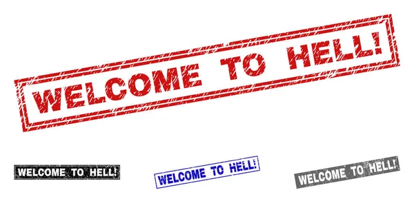 Grunge Welcome to Hell felkiáltójel karcos téglalap pecsét tömítések — Stock Vector