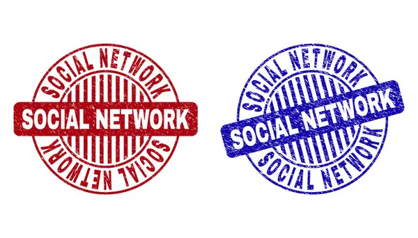 Grunge Social Network zerkratzt runde Briefmarken — Stockvektor