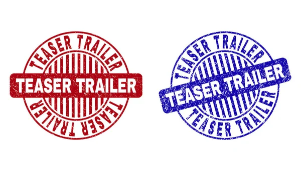 Grunge TEASER TRAILER Scratched Round Stamps — Stock Vector