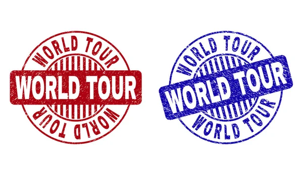 Grunge WORLD TOUR Scratched Round Stamps — Stock Vector