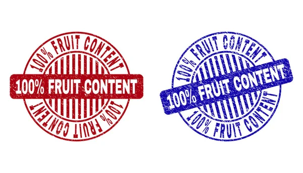 Grunge 100 por ciento CONTENIDO DE FRUTAS Sellos redondos texturizados — Vector de stock