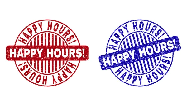 Grunge HAPPY HOURS Exclamación Sellos de sello redondos rayados — Archivo Imágenes Vectoriales