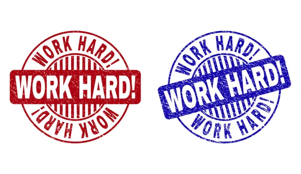 Grunge WORK HARD Esclamazione Guarnizioni di francobolli rotondi graffiati — Vettoriale Stock