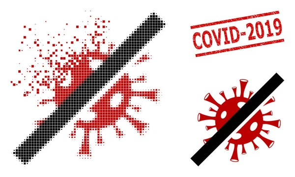 Пошкоджена піксельна іконка без коронавірусу та штифт ущільнення Grunge Covid-2019 — стоковий вектор