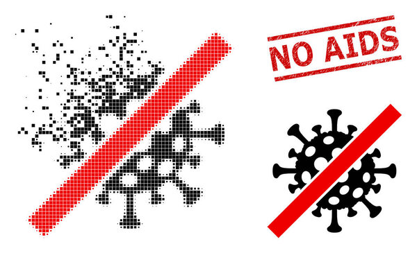 Fragmented Pixelated Cancel Coronavirus Icon and Grunge No AIDS Stamp