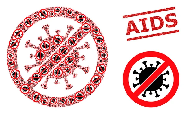 Mosaico de Stop Virus de artículos de Stop Virus y sello de sello de SIDA rayado — Archivo Imágenes Vectoriales
