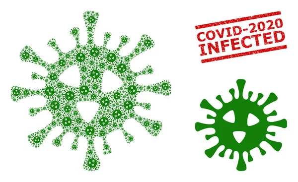 Covid-19 Virus Samenstelling van Covid-19 Virus Items en Beschadigde Covid-2020 Besmette Stempel — Stockvector