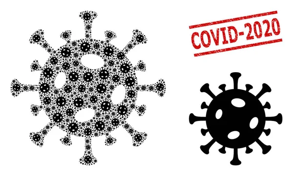 Covid Virus Composition of Covid Virus Icons and Scratched Covid-2020 Seal Stamp — стоковий вектор