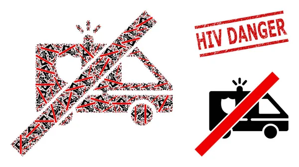 Nenhuma colagem do carro da patrulha de nenhuns artigos do carro da patrulha e selo riscado do selo do perigo do HIV —  Vetores de Stock