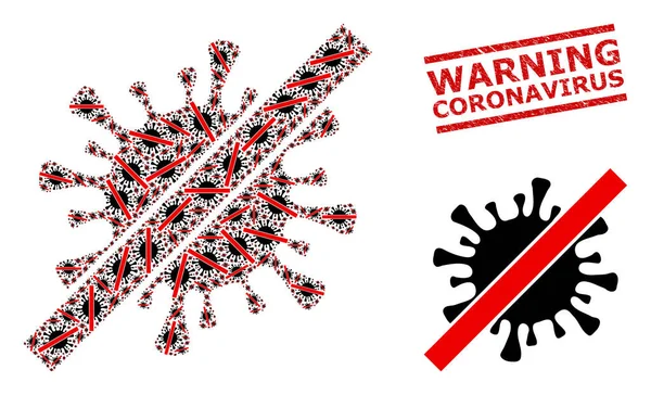 Coronavirus entfernen Collage aus Coronavirus-Gegenständen und verkratztem Warnsiegel — Stockvektor