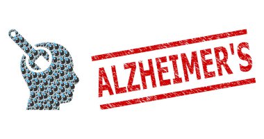 Beyin İkonları ve Grunge AlzheimerS Mührü Beyin Fraktal Kolajı