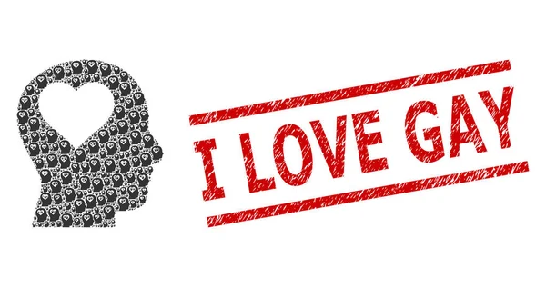 Lover Head Recursion Collage aus Lover Head Icons und texturierten I Love Gay Stempeln — Stockvektor