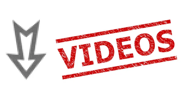 Scratched Videos Sello y medio tono punteado flecha hacia abajo — Vector de stock