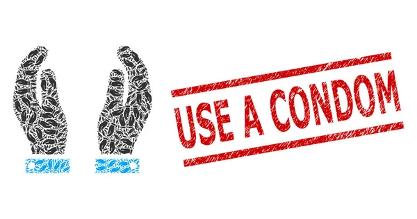 Recursion des mains de soins Composition des mains de soins Icônes et détresse Utilisez un tampon de préservatif — Image vectorielle
