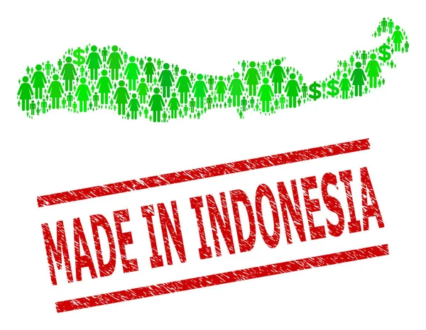 Texturierte Made in Indonesia Briefmarken-Imitation und grüne Kunden und Dollar-Mosaik-Karte von Indonesien - Insel Flores — Stockvektor