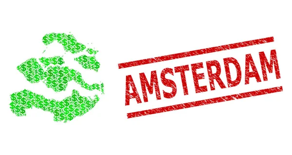 Textured Amsterdam Stamp Imitation and Green Men and Dollar Mosaic Map of Zeeland Province — 스톡 벡터