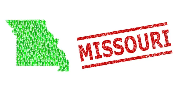 Missouri állam vészhelyzeti pecsétje és zöld népe és dollármozaik térképe — Stock Vector