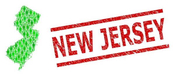 Distress New Jersey Seal and Green People and Dollar Mappa Mosaico dello Stato del New Jersey — Vettoriale Stock