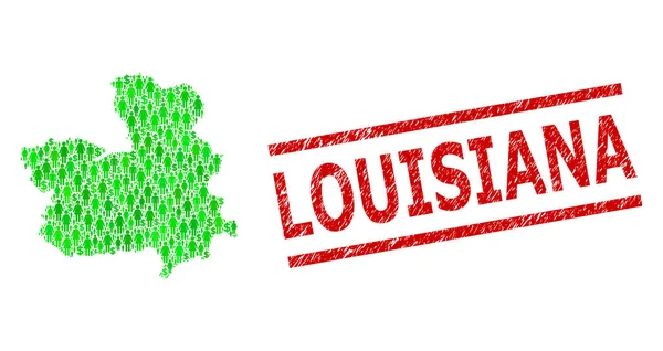 Grunge Louisiana Stamp Imitation and Green People and Dollar Mosaic Mapa de la provincia de Castilla-La Mancha — Vector de stock
