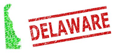 Delaware Tehlike Damgası ve Yeşil Adamlar ve Delaware Eyaleti Dolarlık Mozaik Haritası