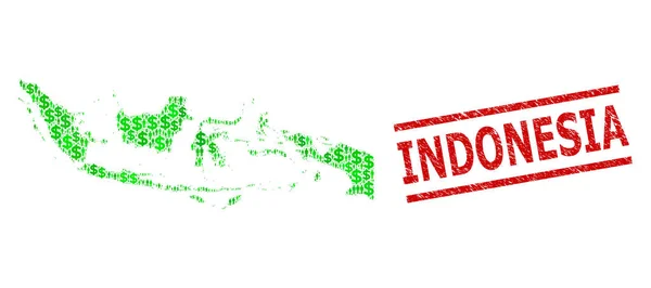 Scratched Indonesia Seal and Green People and Dollar Mosaic Mapa Indonezji — Wektor stockowy