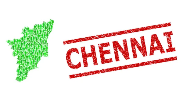 Sello de sello de Chennai texturizado y clientes verdes y mapa de mosaico de dólar del estado de Tamil Nadu — Vector de stock