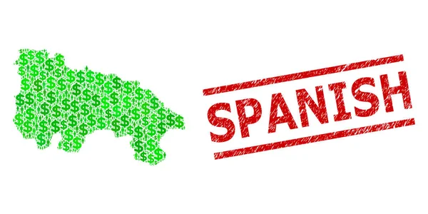 Seenot spanische Briefmarken-Imitation und grüne Menschen und Dollar-Mosaik-Karte der spanischen Provinz La Rioja — Stockvektor