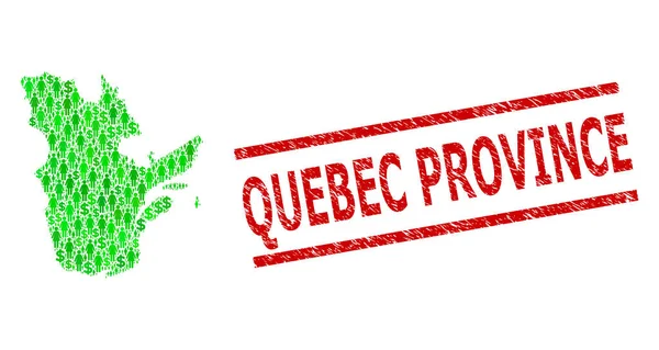 Distress Sigillo francobollo Provincia di Quebec e clienti verdi e Dollaro Mosaico Mappa della Provincia di Quebec — Vettoriale Stock