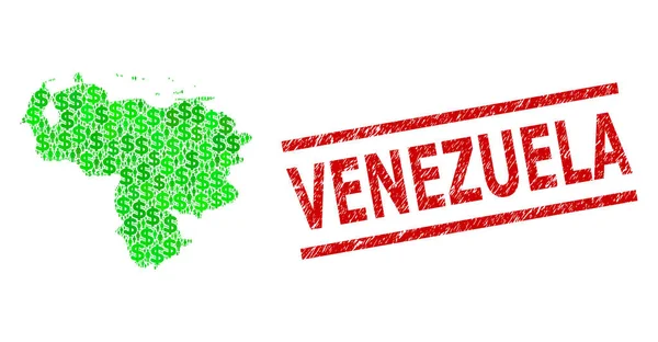 撕碎的委内瑞拉印章、绿人和美元拼图 — 图库矢量图片