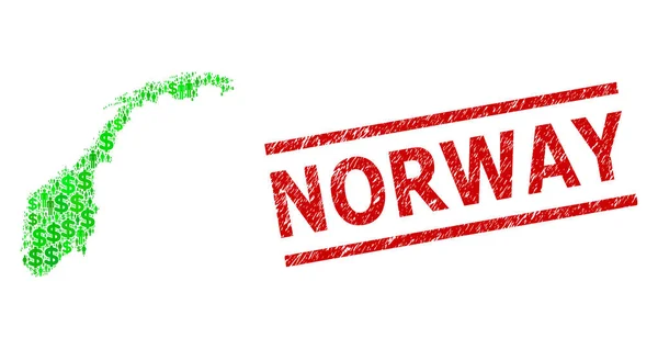 Poškrábaná Norská známka Imitace a zelení lidé a mozaika dolaru Mapa Norska — Stockový vektor