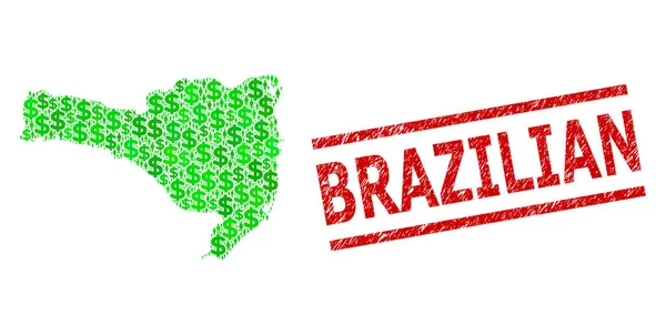 Distress Brazilian Stamp Print y Hombres Verdes y Dólar del Mosaico Mapa del Estado de Santa Catarina — Vector de stock