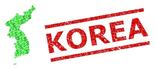 Karmolt Korea vízjel és zöld vásárlók és dollár mozaik térkép Korea — Stock Vector