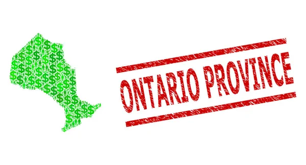 Provincia del Grunge Ontario Filigrana e Uomini Verdi e Dollaro Mosaico Mappa della Provincia dell'Ontario — Vettoriale Stock