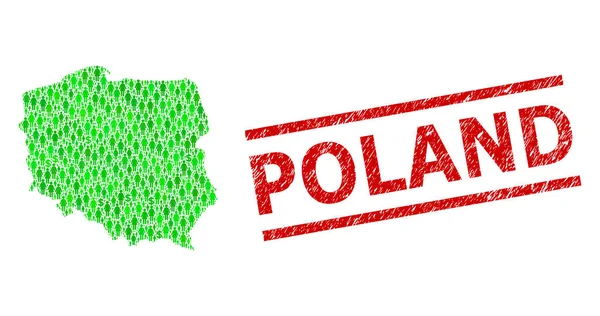 Texturerat Polen frimärke imitation och gröna människor och Dollar Mosaik Karta över Polen — Stock vektor