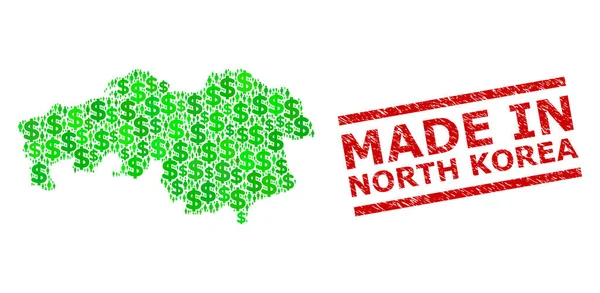 Scratched Made in North Korea Imitação de selo e clientes verdes e Dollar Mosaic Mapa da província de Brabante do Norte —  Vetores de Stock