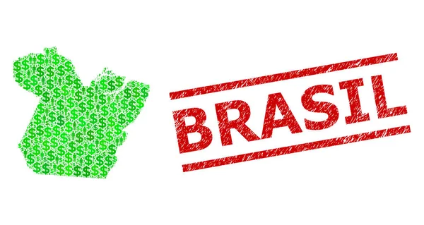 Texturat Brasil timbru și clienții verzi și Dolar Mozaic Harta statului paral — Vector de stoc