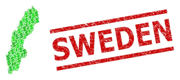 Stres Švédsko Razítko Imitace a Zelené Zákazníci a Dollar Mosaic Map of Sweden — Stockový vektor