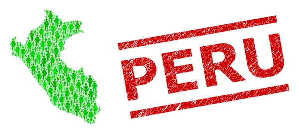 Texturé Pérou phoque et les hommes verts et Dollar Mosaïque Carte du Pérou — Image vectorielle