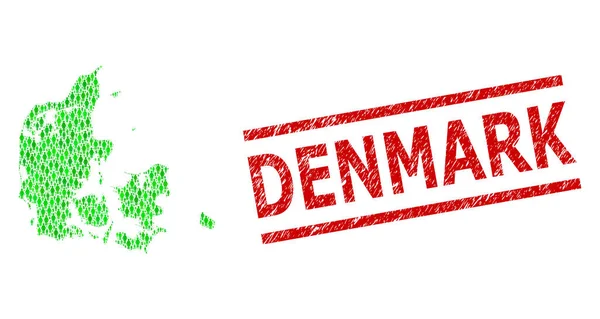 Poškrábaná Dánsko Razítko a Zelení muži a mozaika dolaru Mapa Dánska — Stockový vektor
