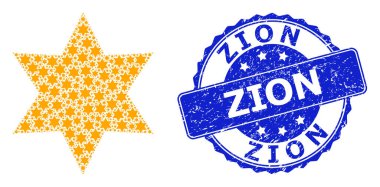 Siyon kirli yuvarlak mühür ve vektör fraktal bileşim altı köşeli yıldız. Mavi mühür yuvarlak şeklinde Zion metni içeriyor. Vektör kolajı altı köşeli yıldız simgesinin tekrarlanmasından oluşur.